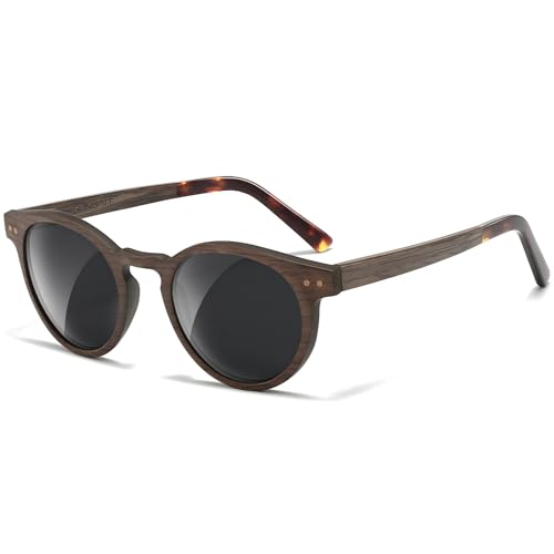 SUNGAIT Round Wood Polarized Sunglasses Women Men Vintage Retro Oak Walnut Rosewood Wooden Shades UV Protection (Walnut Frame/Grey Lens)