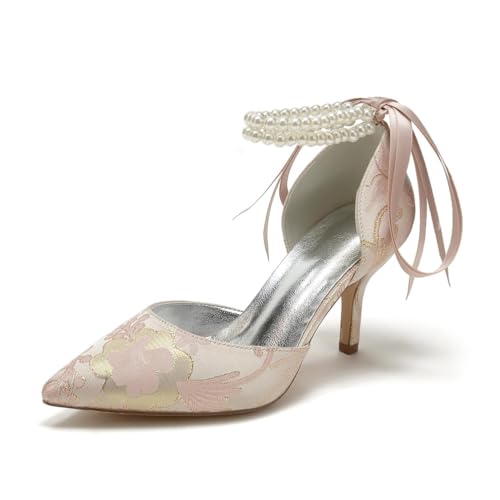 KYEGLO Décolleté con Tacco A Spillo in Raso con Punta Affusolata da Donna, Scarpe da Sposa con Punta Chiusa E Doppio Cinturino alla Caviglia Decorato con Perle,Rosa,36
