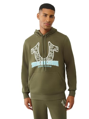 True Religion Men's Spiral Horseshoe Pullover Hoodie, Green, L