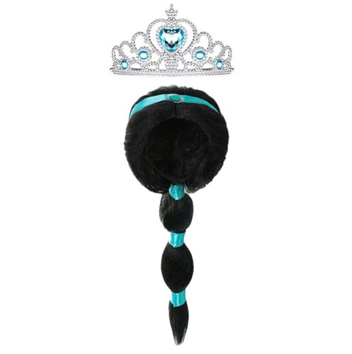 Yosbabe Arabian Princess Wig for Girls Black Braid with Tiara Princess Dress Up Costume Cosplay Halloween Accessories for Kids