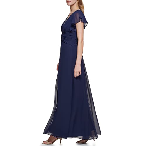 Eliza J Women's Gown Style Twist Waist Chiffon Flutter Sleeve Beaded Vneck Dress2