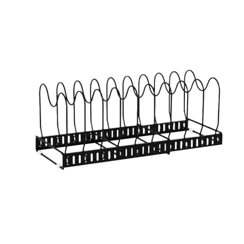 Lamantt伸縮式食器ラックとポットラック、キッチン食器オーガナイザー、キャビネットプレートとポットラック、金属、食器、プレート、キッチン、家庭用、卓上、フライパン、カトラリー、蓋、まな板オーガナイザー (黒,引き込み式10つの仕切り)