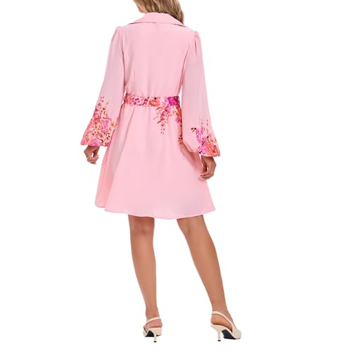 Image of Women Long Sleeve Spring Button Down A-Line Floral Print Summer Cocktail Shirt Dresses with Belt