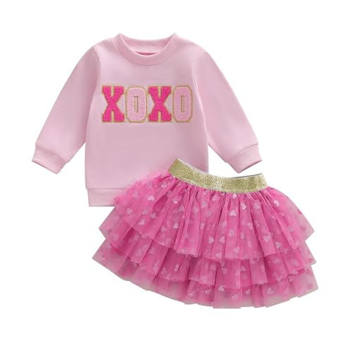 Springcmy Toddler Baby Girl Valentine's Day Outfits Letter Long Sleeve Crewneck Sweatshirt Pullover Tulle Dress Fall Winter Outfit (F Pink, 2-3T)