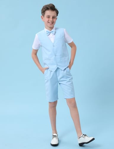 Image of A&J DESIGN Blue Suit for Boys Easter Wedding Gentleman Photoshoot Formal Ring Bearer Outfit Summer Short Set Tuxedo 5-6 Years
