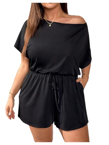 Verdusa Womens Plus Size Off The Shoulder One Piece Rompers Summer Vacation Outfits Tied Knot Short Jumpsuits with Pockets Black 3X-Large Plus