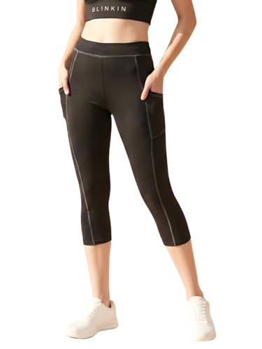 Image of BLINKIN Women's 3 /4 Gym Wear Tights for Women with Side Pockets : Perfect for Active Wear, Yoga & Workout - The Ultimate Gym Pants for Woman & Girls (015)