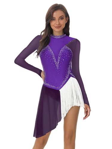 Miutii Vestido de patinaje artístico para mujer, vestido de patinaje sobre ruedas, manga larga, vestido de ballet con flecos, asimétrico, vestido de patinaje sobre hielo, vestido de baile latino