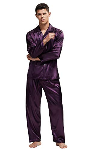 TONY & CANDICE Men's Classic Satin Pajama Set Sleepwear (Purple with Black Piping, Large) - Thumbnail 4