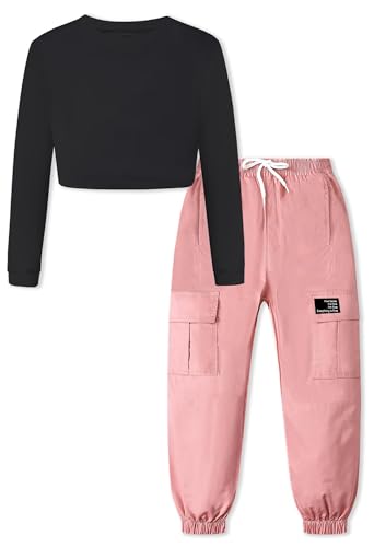 Image of SANGTREE Girls Fall Winter Clothing Sets, Girls Long Sleeve Crop Top and Cargo Jogger Pants Outfit Set,4T-14 Years