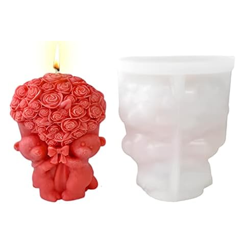 Bear Candle Moulds,Bear Holding a Bouquet Silicone Candle Moulds Love Heart Diamond Valentine's Day Candle Making Moulds for DIY Aromatherapy,Soap,Chocolate,Cake Decorating,Valentine's Day Gifts Cover