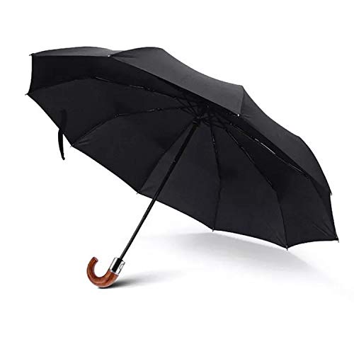 SpyShop Compact Unisex Classic Auto Open Wind-Resistant Travel Umbrella Folding Anti-UV Outdoor Business Automatic -Curved Wood Handle Umbrella-Black