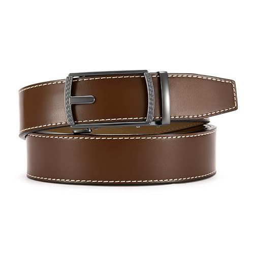 Image of Chaoren Leather Ratchet Belt 2 Pack Dress with Click Sliding Buckle 1 3 /8 inch in Gift Set Box - Adjustable Trim to Fit