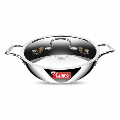 Image of Camro Triply Stainless Steel Kadhai 34 cm | 8 Liter Capacity | Induction Bottom Deep Cooking Kadai | Heavy Duty Cookware | Gas & Induction Compatible | Dishwasher Safe | Mirror Finish