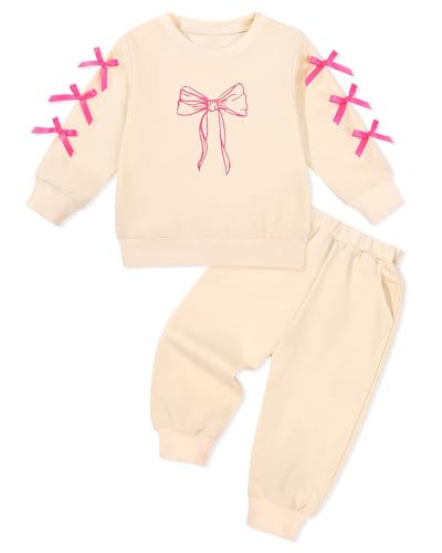 Toddler Girls Clothes Fall Outfits Set 2Pcs Bow Ribbon Printed Long Sleeve Sweatshirt Top Pants for 18-24M 2 3 4 5 6T