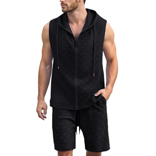 Ensemble homme veste à capuche et short vêtement couleur unie noir XL ample