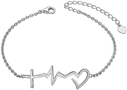 DAOCHONG S925 Sterling Silver Faith Hope Love Cross Lifeline Heart Adjustable Chain Bracelet Christian Jewelry Easter Gifts for Women Teen Girls, 7" + 2"