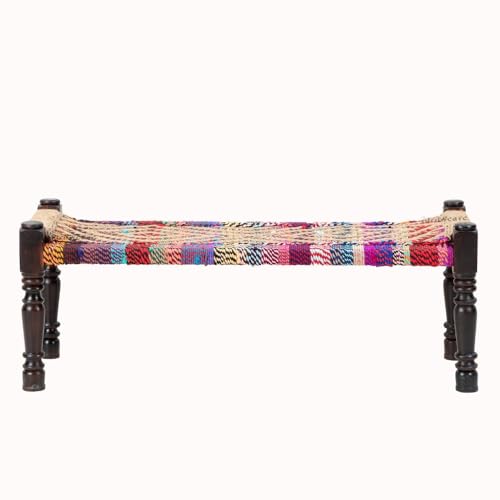 Image of Wooden Bench for Seating | Handcrafted Sheesham Wood Bench for Living Room, Balcony & Garden | Traditional Patio for Outdoor with Chindi and Jute Handwoven Rope | Jute and Multicolor