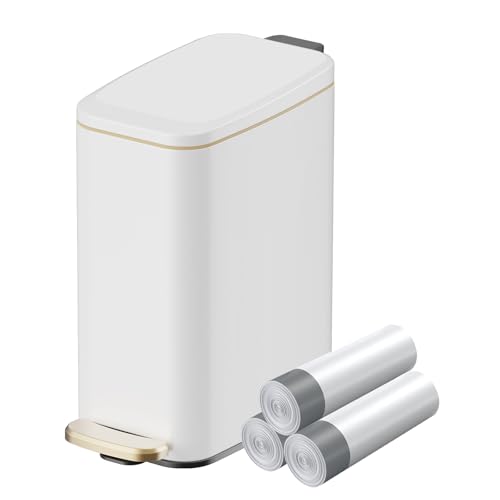 KUK Slim Bathroom Trash Can with Lid, 1.6 Gal / 6L Stainless Steel Small Garbage Bin with Detachable Inner Bucket, Step Pedal, Silent Close, Wastebasket for Toilet, Bedroom, Home, Office (White)
