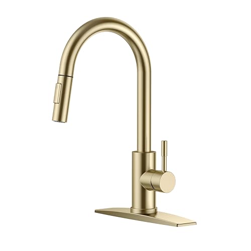 FORIOUS Kitchen Faucet, Kitchen Faucets with Pull Down Sprayer, Stainless Steel High Arc Single Handle Classic Kitchen Sink Faucet, for RV, Laundry, 1 and 3 Hole Deck Mount (Brushed Gold) by FORIOUS - Used condition - CA$25.98