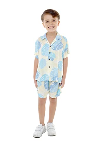 Matching Hawaiian Luau Sibling Boy Girl Butterfly Dress Aloha Shirt in Pacific Palm Cream3