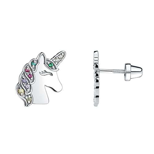 Cherished Moments Children's Sterling Silver Unicorn Earrings with Screw Backs and Sparkling CZs for Girls