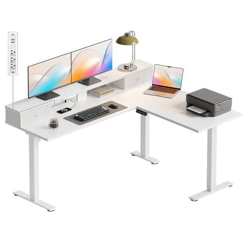 Image of Casaottima 59 Inch Electric L-Shaped Standing Desk with Drawers, Height Adjustable Stand Up Corner Desk with Monitor Stand, Lift Table for Home, Office, Workstation, White