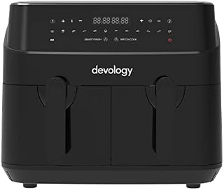 Devology Double Air Fryer - 9L - 2 x 4.5L Independent Cooking Zones - Free 50 Recipe Cookbook- 12 Cooking Programs - Digital LED Display Airfryer - Healthy Oil-free Fryer - Portable Kitchen Appliance