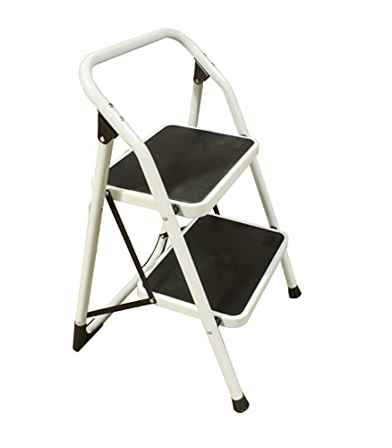Escalera 2 peldaños Extra Anchos, Taburete Plegable, peldaños y Patas Antideslizantes, Casual, Blanco