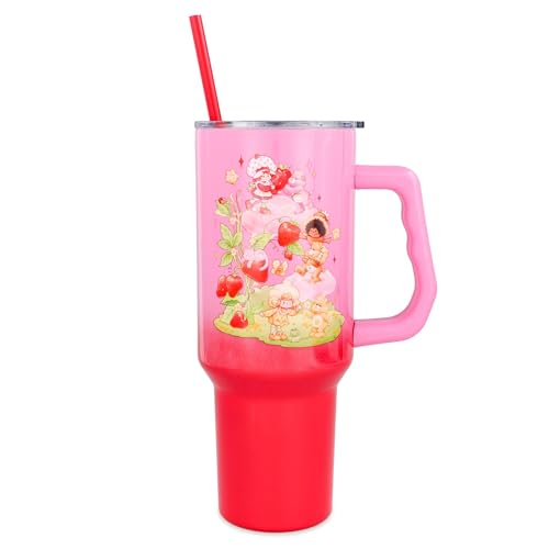 Image of Silver Buffalo Care Bears and Strawberry Shortcake Ombre Double Walled Stainless Steel Tumbler with Handle, Fits in Standard Cup Holder, 40 Ounces