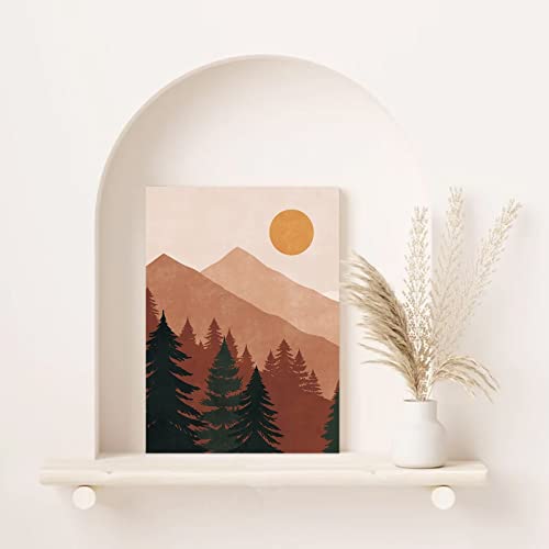 Boho Wall Art Decor,Mid-Century Modern Wall Prints, Abstract Sun Mountain Forest Lake Nature Scenery Framed Canvas Wall Art Paintings, Minimalist Woodland Nursery Decor Bohemian Artwork, Boho Wall Decor For Living Room Bedroom Bathroom Office (12X16Inch, Set Of 3) #TOP4