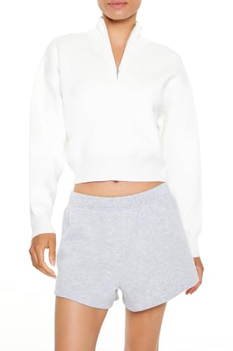 Forever 21 Women's Cropped Half-Zip Pullover, White, S