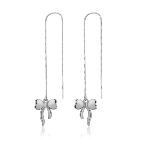 Meissa Sterling Silver Threader Chain Dangle Earrings for Women Girls Comfortable Hypoallergenic Bow Silver Earrings Rose Gold Plated Chain Earrings, Silver