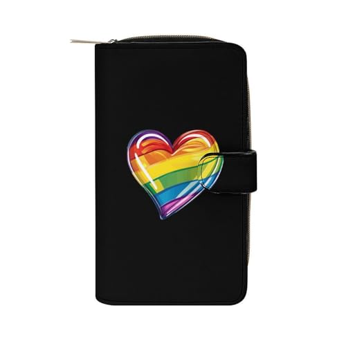 Rainbow LGBT Prideful Flag Heart Leather Long Pouch Wallet for Men And Women Large Capacity Clutch Cash Wallet with Zippered