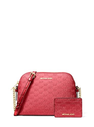 Michael Kors Bolsa tiracolo Jet Set Dome com estojo para cartão, ferragens douradas/glitter em relevo MK/carmesim