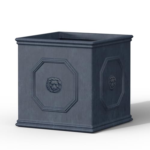 Kante Maceta Cuadrada de hormigón con Cabeza de león, Maceta clásica de Estilo inglés con Orificio de Drenaje y tapón de Goma para Interior, Exterior, jardín, Patio, hogar, 26 x 26 x 26 cm, Gris