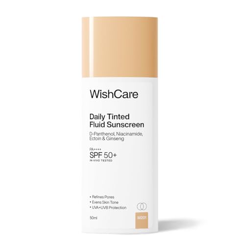 Image of WishCare Daily Fluid Tinted Sunscreen SPF50 PA++++ | M201 | Broad Spectrum Protection for all skin types| In-Vivo Tested Tinted Sun Screen | D-Panthenol, Niacinamide, Ectoin & Ginseng | Evens & Protects | 50ml