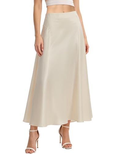 HOTIAN Damen Satin Rock Lang Elegant Hohe Taille A Linie Röcke Einfarbig Midi Skirt Sommerrock Business Party Skirt