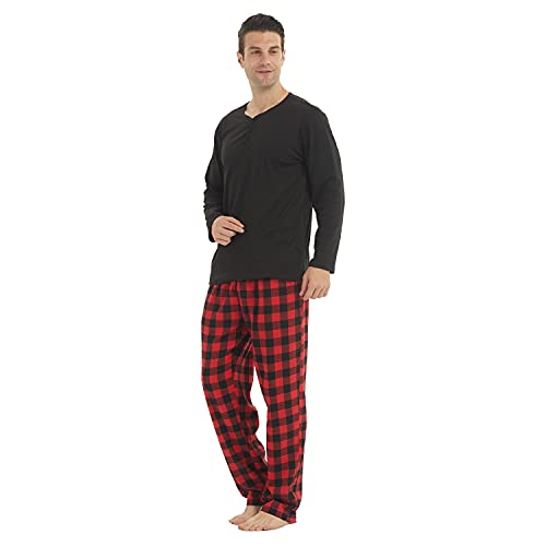 LANBAOSI Pajamas for Men Set Long Sleeve Henley Microfleece Shirt Plaid Flannel Pants Comfy Pjs Sleepwear Plush Loungewear2