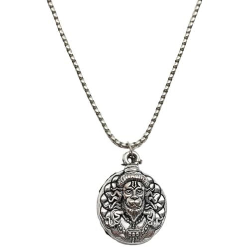 Image of Unisex Stainless Steel Silver Hanuman Ji Pendant Necklace - Lord Mahabali, Meditation Pose, Gada Design, Bajrang Bali, Veer Hanuman & Devotional Face Locket with 24 Inch Chain for Men & Women