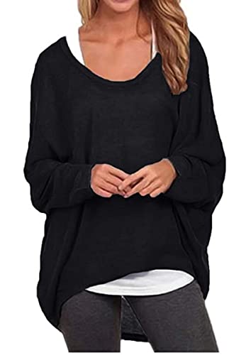 ZOIOOER Femme Jumper Casual Lâche Irrégulier Manches Chauve-Souris Longues Pull-Over Shirt T Shirt Tops Noir XL Cover