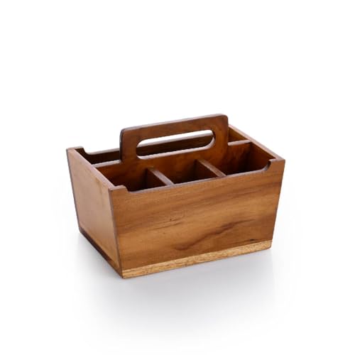 Image of Crystal Premium Handcrafted Wooden Cutlery /Spoon stand with Handle | Pure Teak Wood | Wooden Caddy with 4 sections | Multipurpose Cutlery Stand for Kitchen, Dining Table