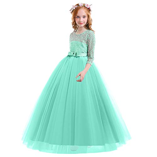Image of Girls Flower Vintage Floral Lace 3 /4 Sleeves Floor Length Dress Wedding Party Evening Formal Pegeant Dance Gown