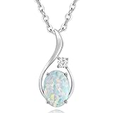 FANCIME 14K Solid White Gold October Birthstone Necklace, Opal Pendant with 0.032 Ct Diamond Women Necklace, Fine Jewellery Anniversary Birthday Gift for Women Her