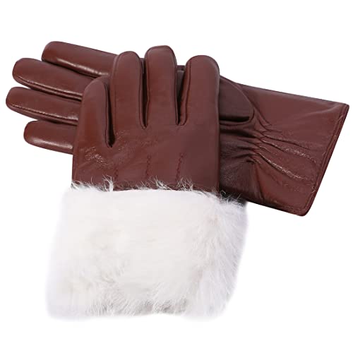 Harssidanzar Leather Mens Gloves,Winter Cold Weather Rabbit Fur Lined Soft Genuine Leather Gloves Km047,Cognac,Szie M #TOP2