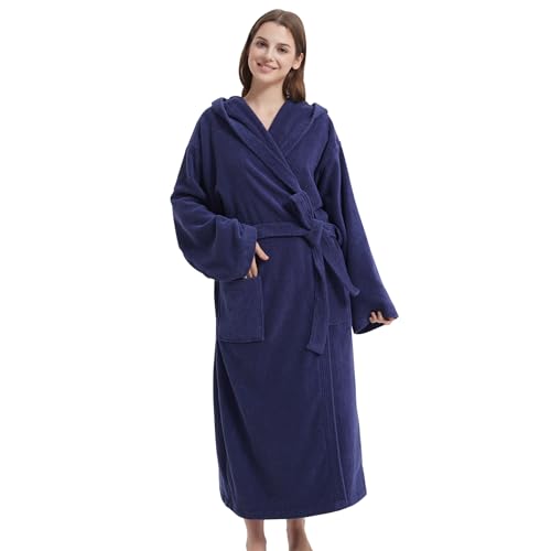 Unisex Hooded Terry Bathrobe-100% Cotton Plush Towel Robe for Men/Women,Adjustable Belt&Fixed Hood,Ankle-Length2