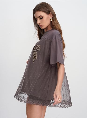 CSDAJIO Trendy Crew Neck Oversized T Shirts for Women Short Sleeve Loose Graphic Tee Summer Lace Top Bow Knot Grey Medium — view 4