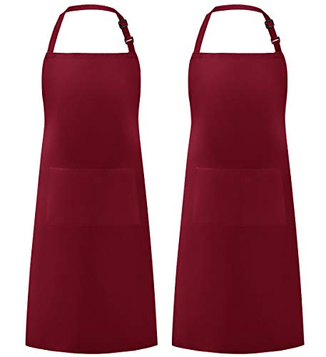 Syntus 2 Pack Adjustable Bib Apron Waterdrop Resistant with 2 Pockets Cooking Kitchen Aprons for Women Men Chef, Basic Red Dark, 26.8 × 33.1 inch