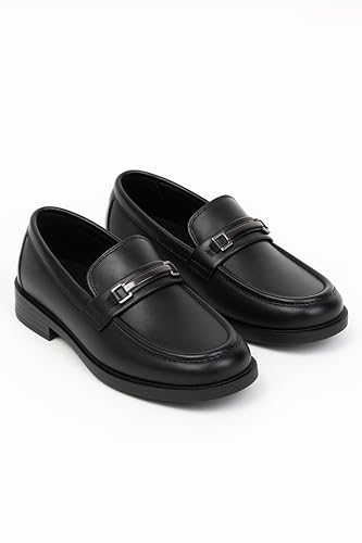 Boys’ Slip On Loafer Shoes, Black Formal Smart Casual Metal Bar Loafers2