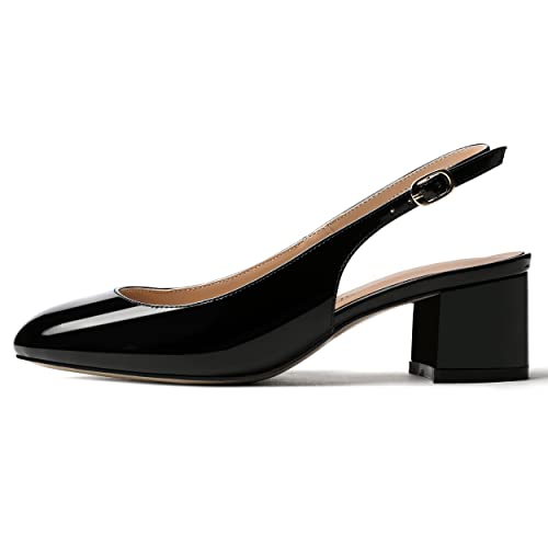MODENCOCO Women's Buckle Slingback Round Toe Patent Block Solid Chunky Low Heel Pumps Shoes 2 Inch2